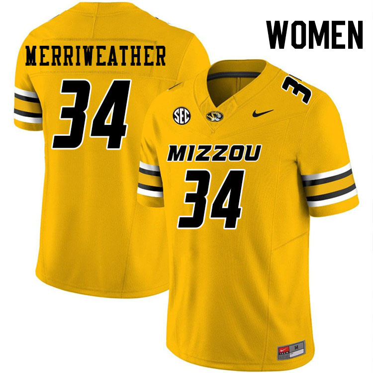 Women #34 Ricardo Merriweather Missouri Tigers College Football Jerseys Stitched-Gold